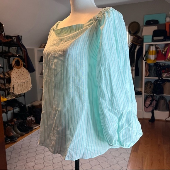 Massimo Dutti Blouse Pullover Top Off Shoulder Long Sleeve Teal Striped Sz US 8 - Picture 6 of 9